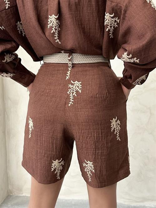 Embroidered Linen Shorts with Belt Detail - Coffee