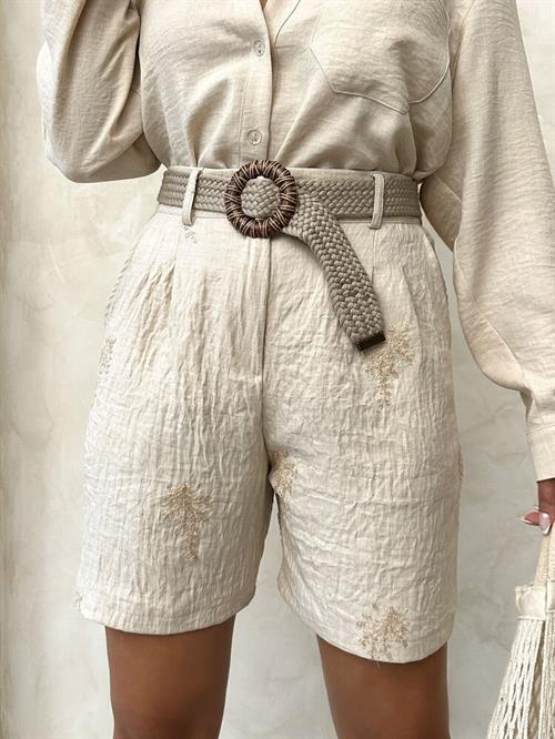 Embroidered Linen Shorts with Belt Detail - Stone
