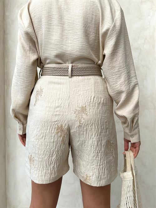 Embroidered Linen Shorts with Belt Detail - Stone