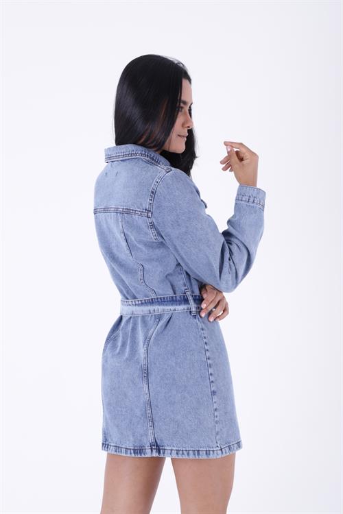 Wholesale Belted Snap Denim Dress - Snow Wash Anthracite