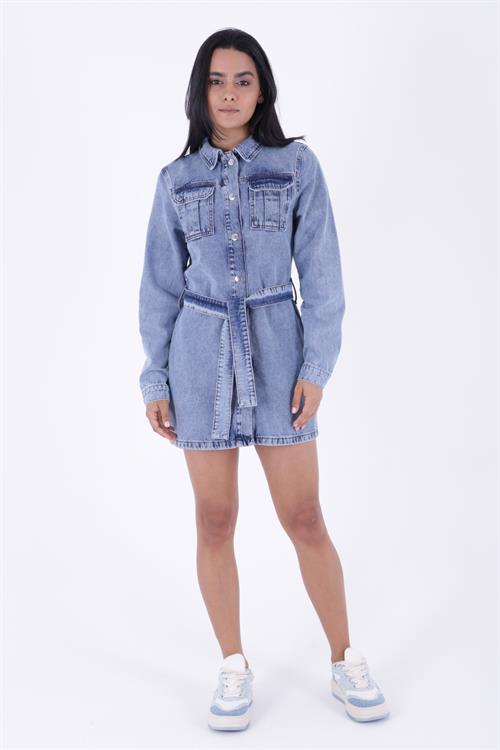 Wholesale Belted Snap Denim Dress - Snow Wash Anthracite