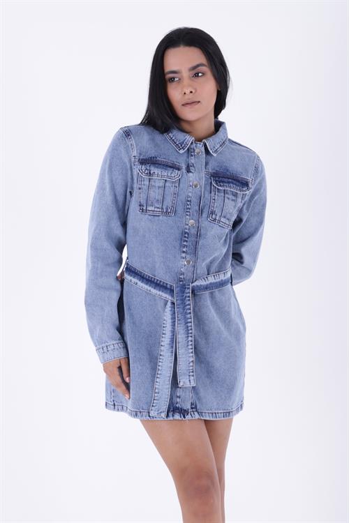 Wholesale Belted Snap Denim Dress - Snow Wash Anthracite