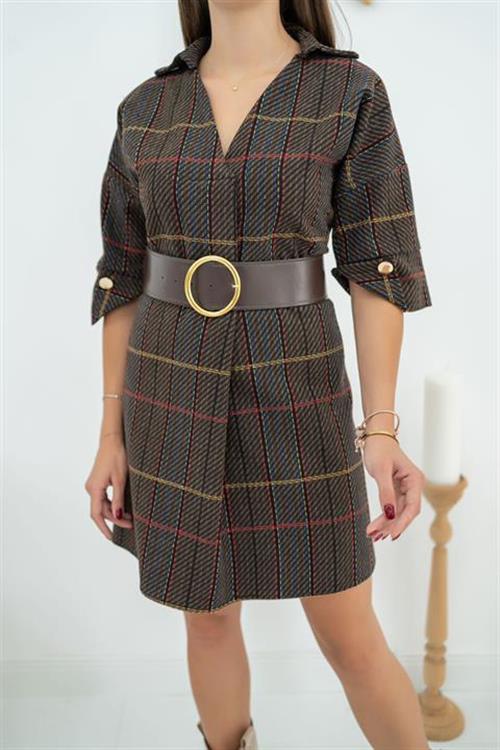 Wholesale Striped Mini Dress with a Belt - Coffee
