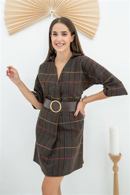 Wholesale Striped Mini Dress with a Belt - Coffee
