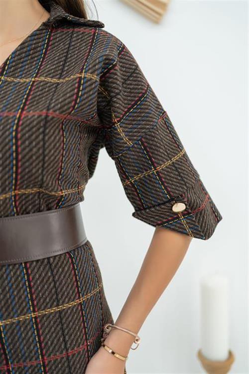 Wholesale Striped Mini Dress with a Belt - Coffee