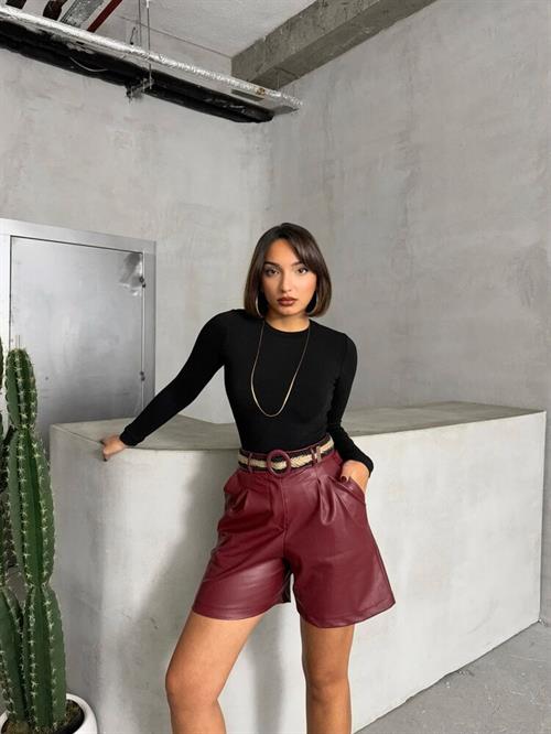Leather Wholesale Shorts with Belt - Burgundy