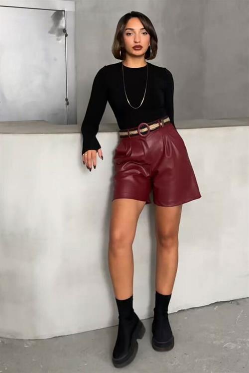 Leather Wholesale Shorts with Belt - Burgundy
