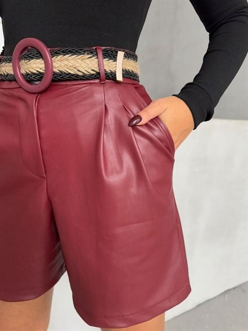 Leather Wholesale Shorts with Belt - Burgundy