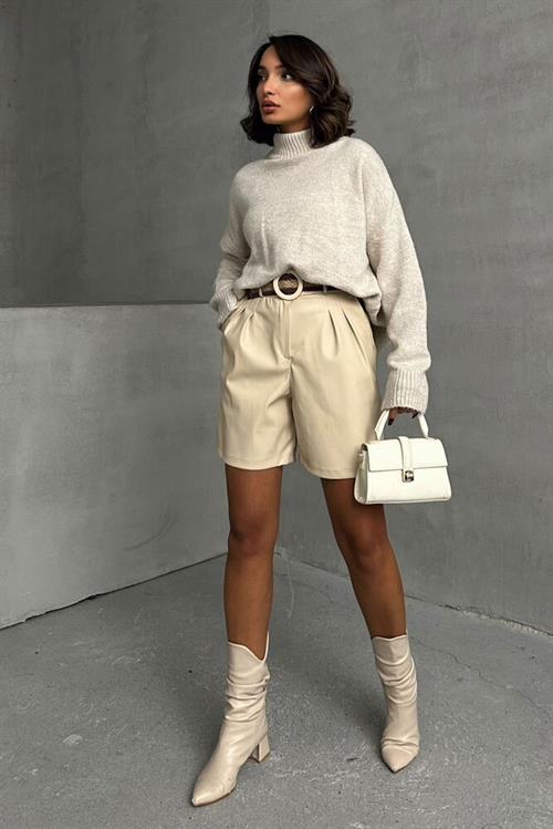 Leather Wholesale Shorts with Belt - Stone