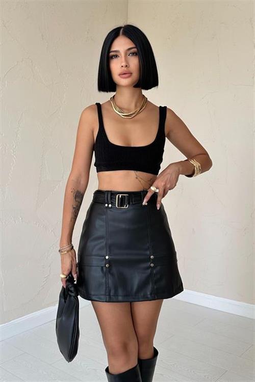 Wholesale Mini Leather Skirt with Belt - Black
