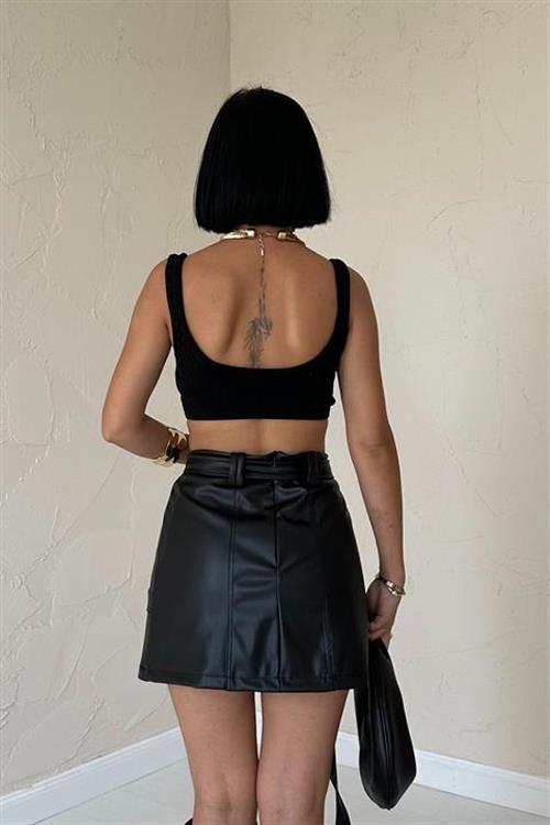 Wholesale Mini Leather Skirt with Belt - Black