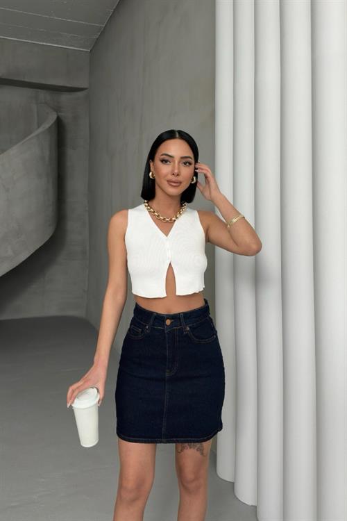 Paçası Dikişli Kısa Boy Kot Etek 1036-08-(S-XL-6) Kar Yıkama Açık Mavi