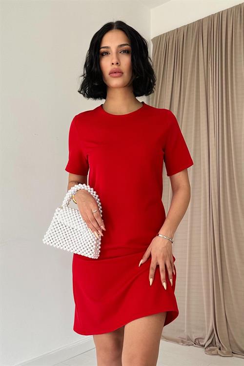 Toptan Kırmızı Kısa Kol Atlas Mini Elbise