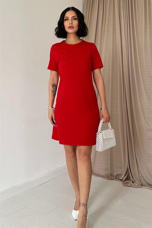 Toptan Kırmızı Kısa Kol Atlas Mini Elbise