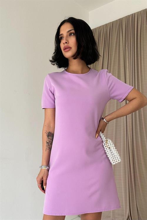 Toptan Lila Kısa Kol Atlas Mini Elbise