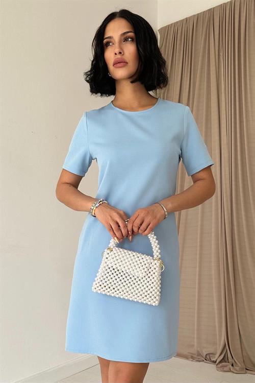 Toptan Mavi Kısa Kol Atlas Mini Elbise