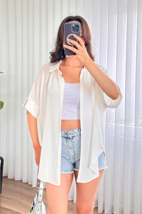 Kısa Kol Basic Kimono Toptan Ekru Bluz