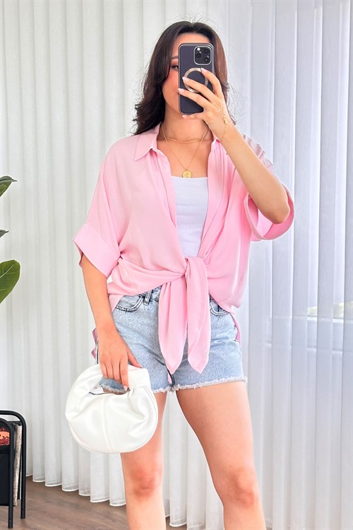 Kısa Kol Basic Kimono Toptan Pembe Bluz