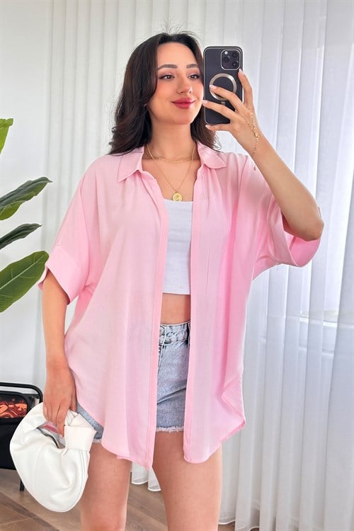 Kısa Kol Basic Kimono Toptan Pembe Bluz