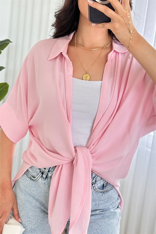 Kısa Kol Basic Kimono Toptan Pembe Bluz