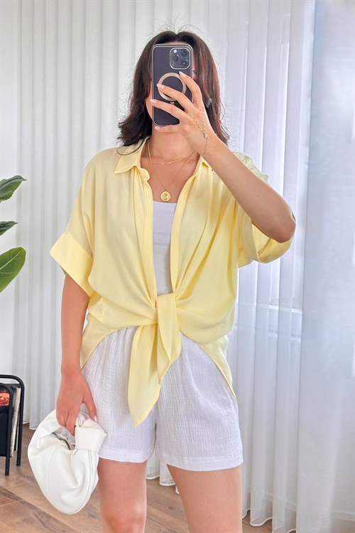 Kısa Kol Basic Kimono Toptan Sarı Bluz