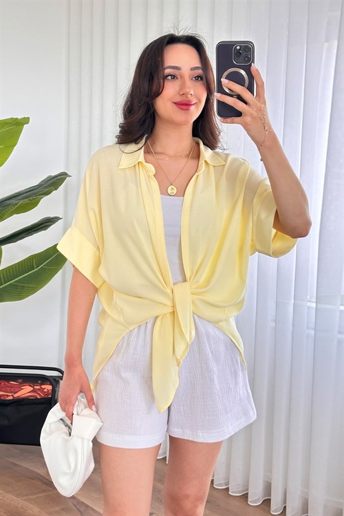 Kısa Kol Basic Kimono Toptan Sarı Bluz