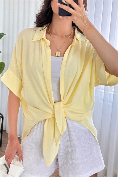 Kısa Kol Basic Kimono Toptan Sarı Bluz