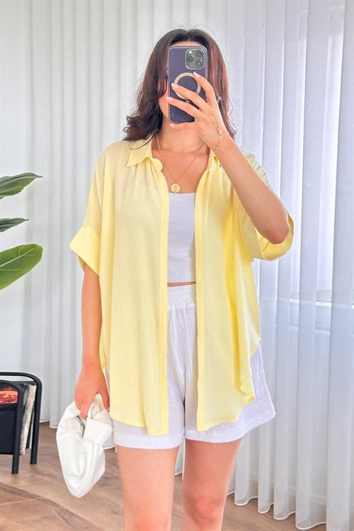 Kısa Kol Basic Kimono Toptan Sarı Bluz