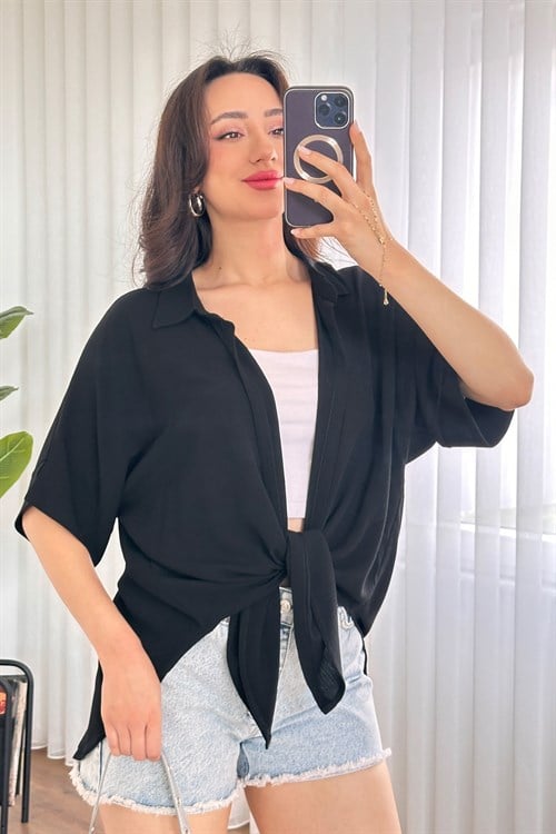 Kısa Kol Basic Kimono Toptan Siyah Bluz