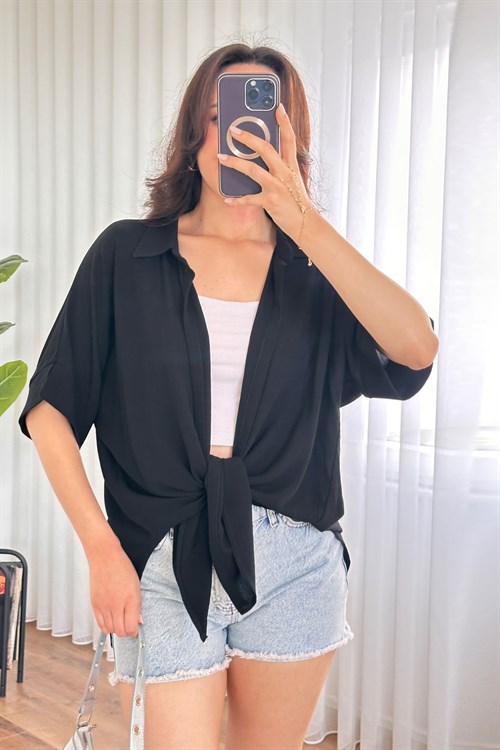 Kısa Kol Basic Kimono Toptan Siyah Bluz