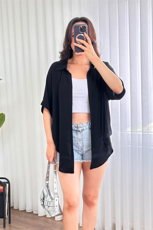 Kısa Kol Basic Kimono Toptan Siyah Bluz