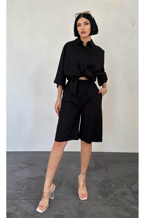 Wholesale Black Shirt and Shorts Linen Suit