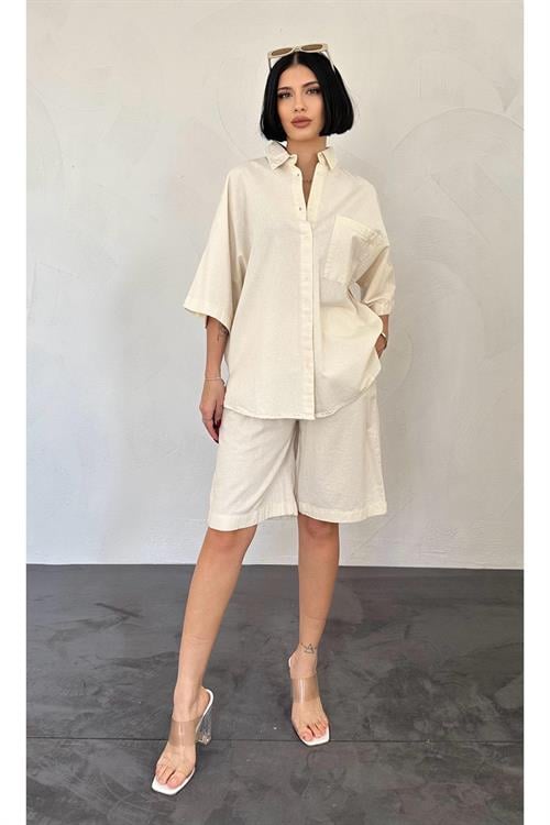 Wholesale Ecru Shirt and Shorts Linen Suit