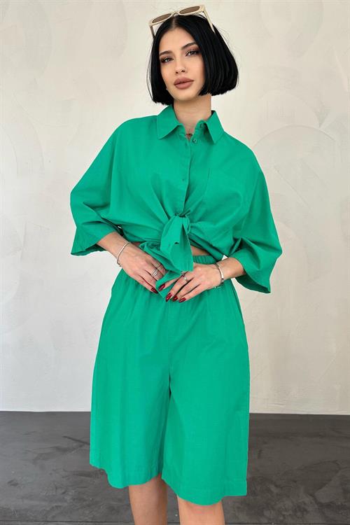 Wholesale Green Shirt and Shorts Linen Suit