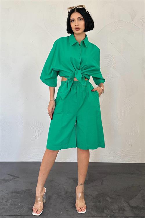 Wholesale Green Shirt and Shorts Linen Suit