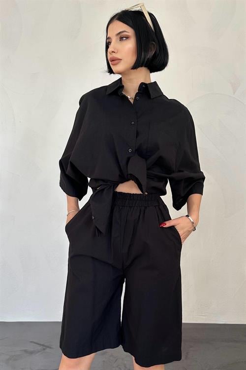 Wholesale Black Shirt and Shorts Linen Suit
