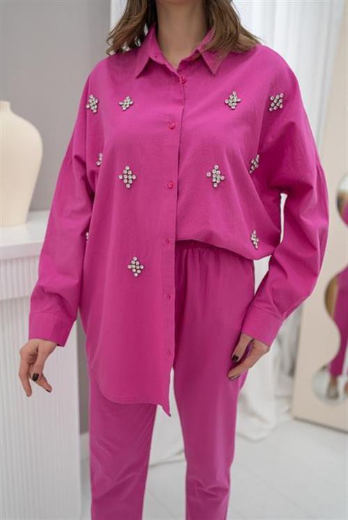 Wholesale Fuchsia Linen Suit with Rhinestone Embellishment
