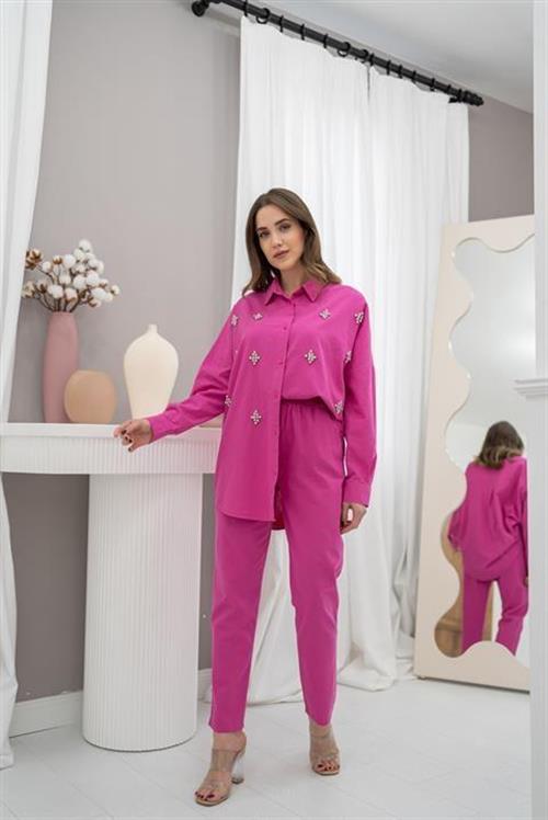 Wholesale Fuchsia Linen Suit with Rhinestone Embellishment