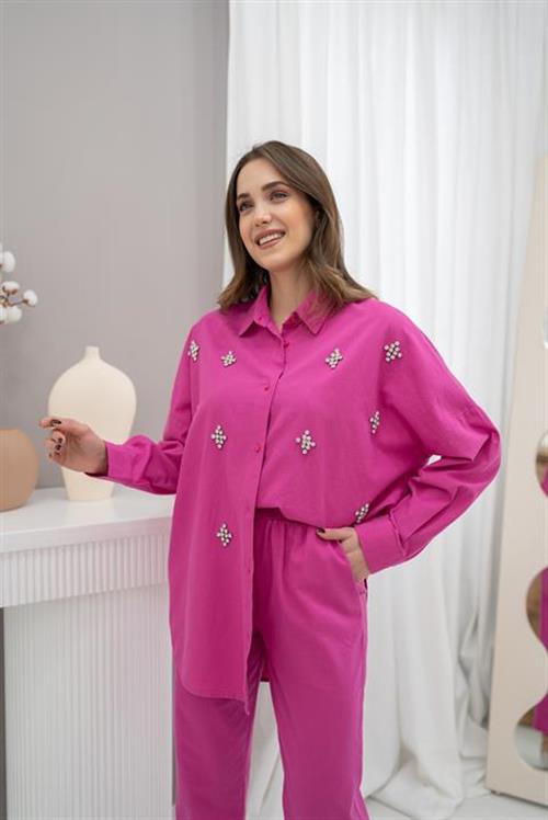 Wholesale Fuchsia Linen Suit with Rhinestone Embellishment