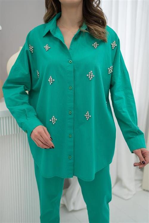 Wholesale Green Linen Suit with Rhinestone Embellishment