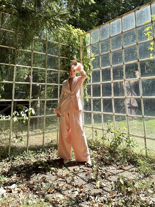 Wholesale Powder Furry Cuffs Jacket and Palazzo Trousers Suit