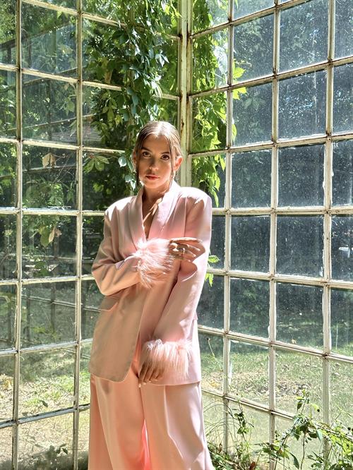 Wholesale Powder Furry Cuffs Jacket and Palazzo Trousers Suit