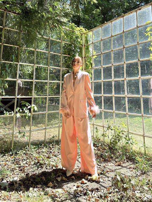 Wholesale Powder Furry Cuffs Jacket and Palazzo Trousers Suit