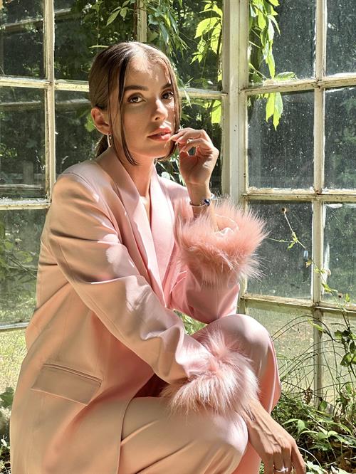 Wholesale Powder Furry Cuffs Jacket and Palazzo Trousers Suit