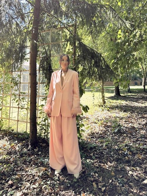 Wholesale Powder Furry Cuffs Jacket and Palazzo Trousers Suit