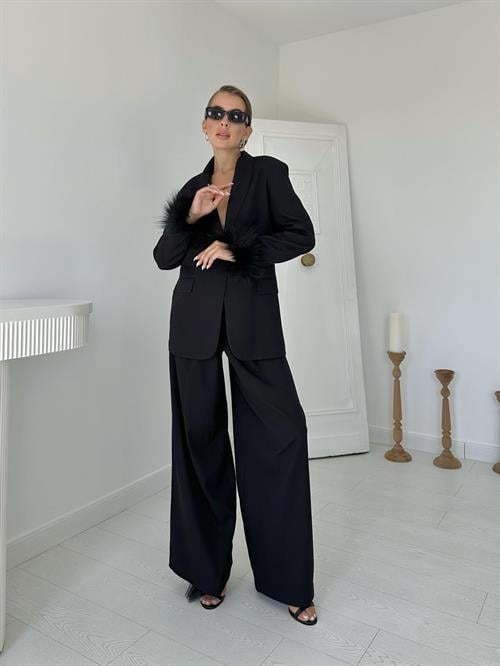 Wholesale Black Furry Cuffs Jacket and Palazzo Trousers Suit