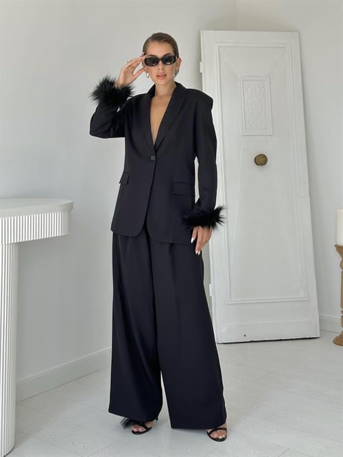 Wholesale Black Furry Cuffs Jacket and Palazzo Trousers Suit