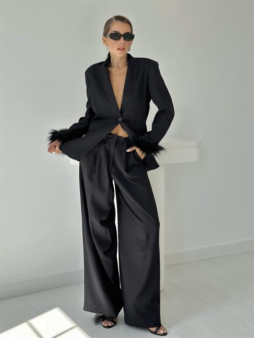 Wholesale Black Furry Cuffs Jacket and Palazzo Trousers Suit