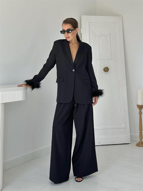 Wholesale Black Furry Cuffs Jacket and Palazzo Trousers Suit