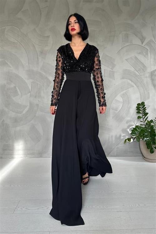 Wholesale Sleeves Tulle Skirt Jumpsuit - Black